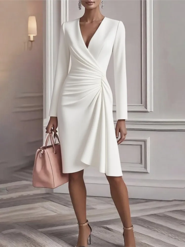 2025 New Autumn Fashion Cross V-neck Waist Solid Color Long-sleeved Dress Women's Temperament Elegant Pleated Slim Waist Dresses