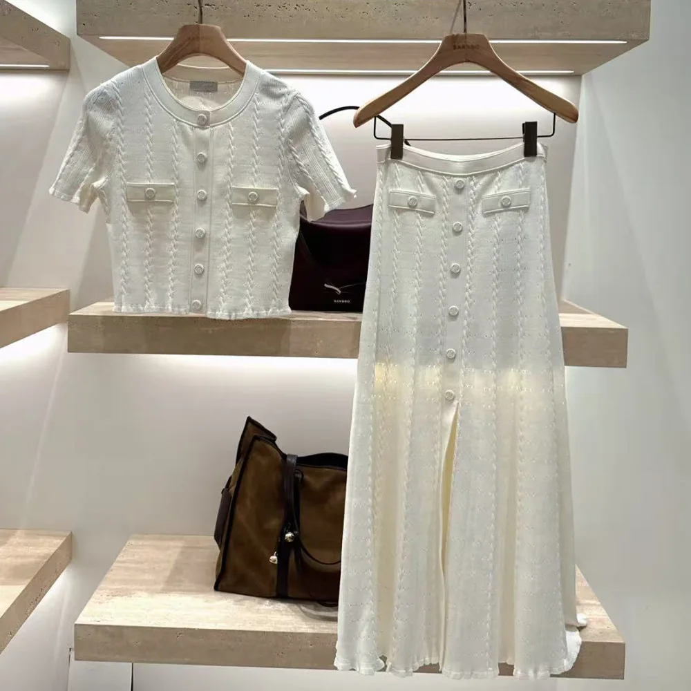 Nuovo abito bianco a due pezzi da donna con cardigan con tasca a maniche corte e collo rotondo o gonna di media lunghezza