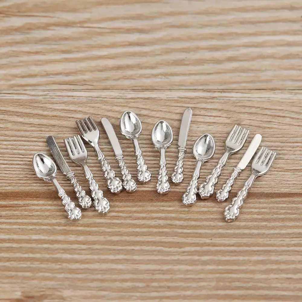 12PCS 1:12 Simulation Mini Cutlery Set Dollhouse Furniture 1:12 Scale Fork Knife Spoon Miniature Cookware Doll Accessories