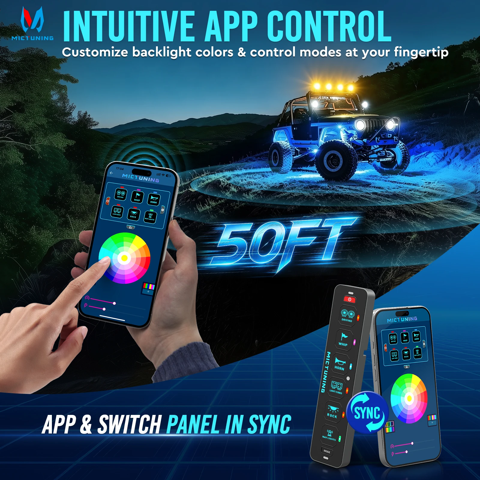 MICTUNING MS-A 6 Gang Switch Panel App Control  RGB Auto-dimming Backlit, Toggle Momentary Flash Strobe Circuit Control Relay