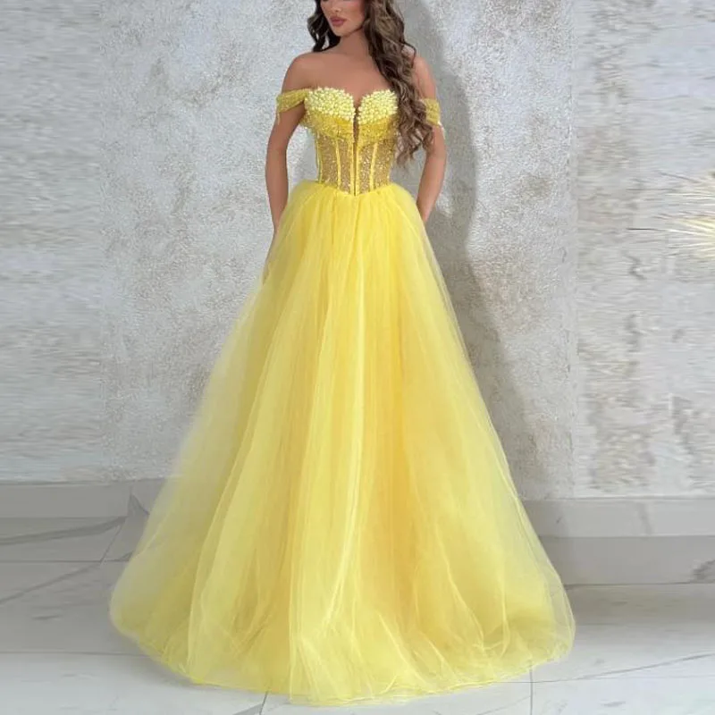 

Customized Yellow Off the Shoulder Prom Dresses Pearls Corset Ball Gown Bead Tulle Long Wedding Party Dress for Women