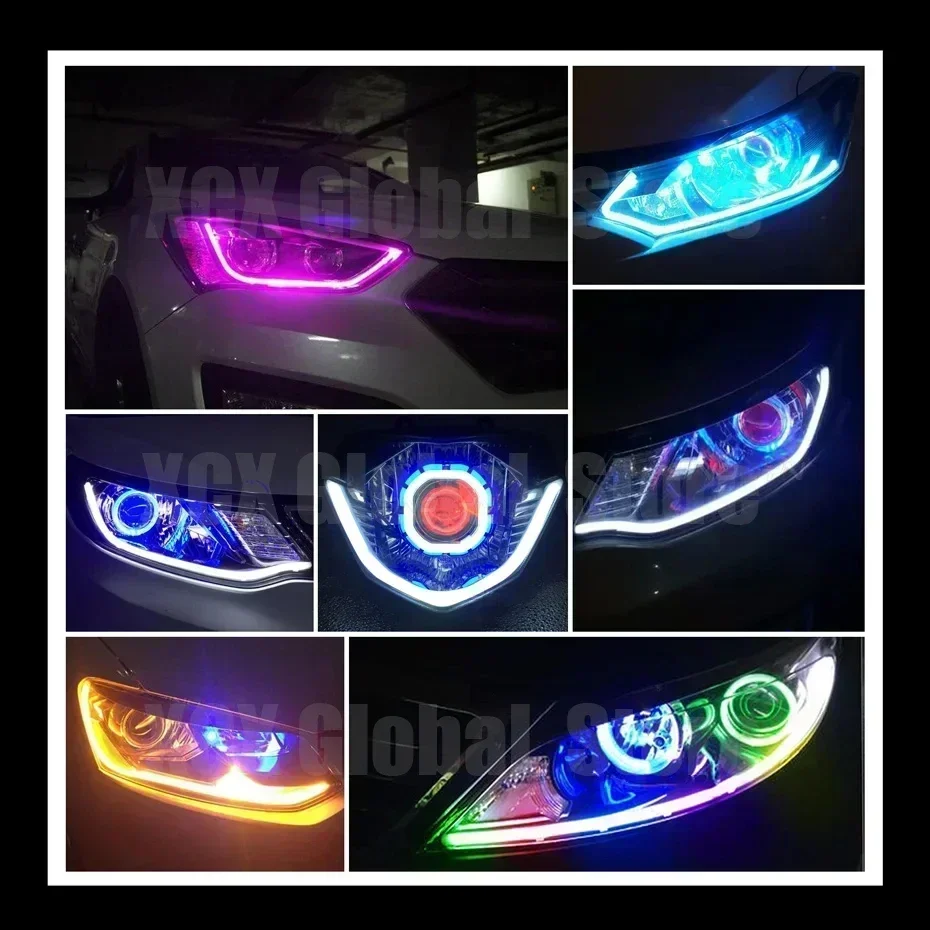 12V DRL Auto LED Tagfahrlicht APP Steuerung Flexible RGB Symphonie Fließende Blinker Streifen Scheinwerfer Dekorative Lampe