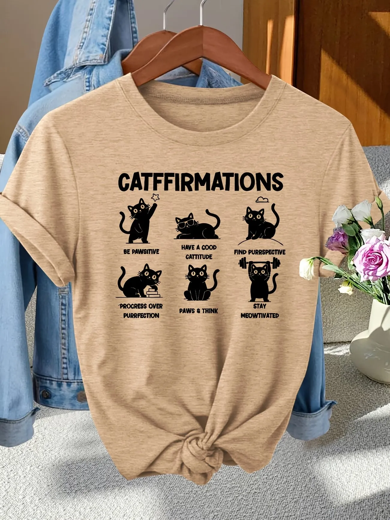 Retro Cute Positive Cats Catffirmations T-Shirt Women Cat Lover T Shirt Funny Cat Graphic Tees Clothes Top Comfortable