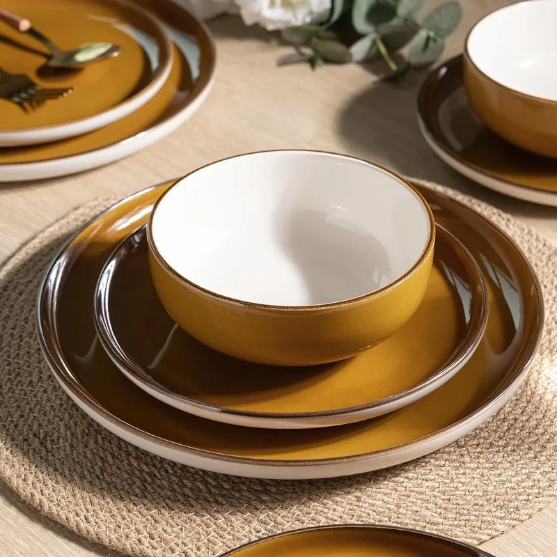 Ceramic Dinnerware Sets for 6, 18-Piece Stoneware Plates and Bowls Sets, Amber Yellow Chip and Scratch Resistant Dishes