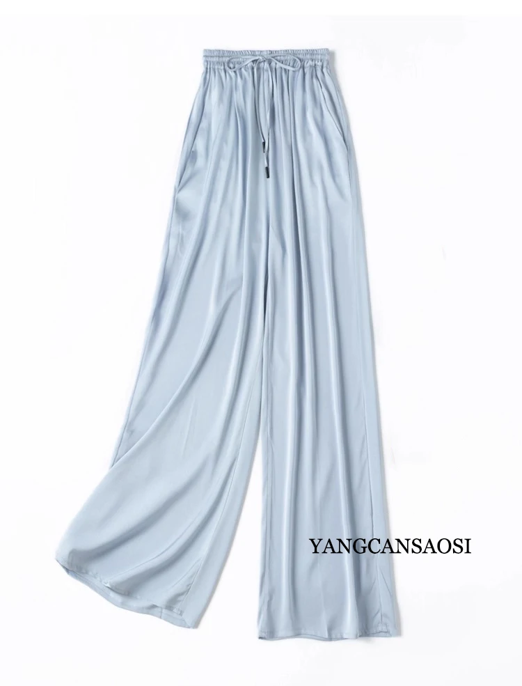 Vertical Naked Feeling 93% Natural Mulberry Silk Elastic Double Qiao Satin Elastic Waist Women's Fashionable Wide Leg Pants