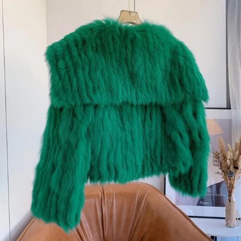 Imitation fur short coat woven Rex rabbit fur green long hair lapel winter coat