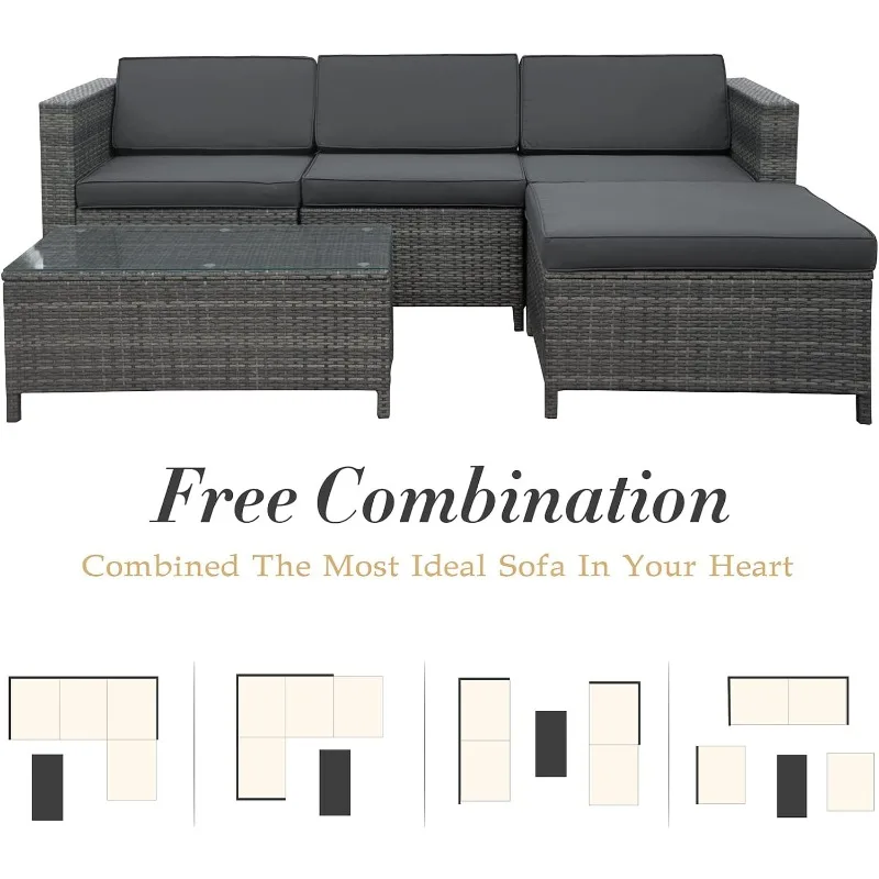 5 Piece Outdoor Patio Sectional Furniture Set, Weather Resistant Rattan Outside Couch, Waterproof Conversation Sofa