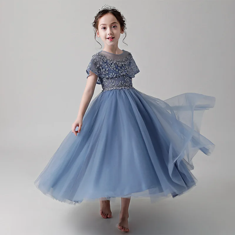 Teen Girls Long Tulle Princess Dress Little Girls Elegant Cap Sleeve Birthday Party Ball Gown Flower Girls Summer Wedding Dress