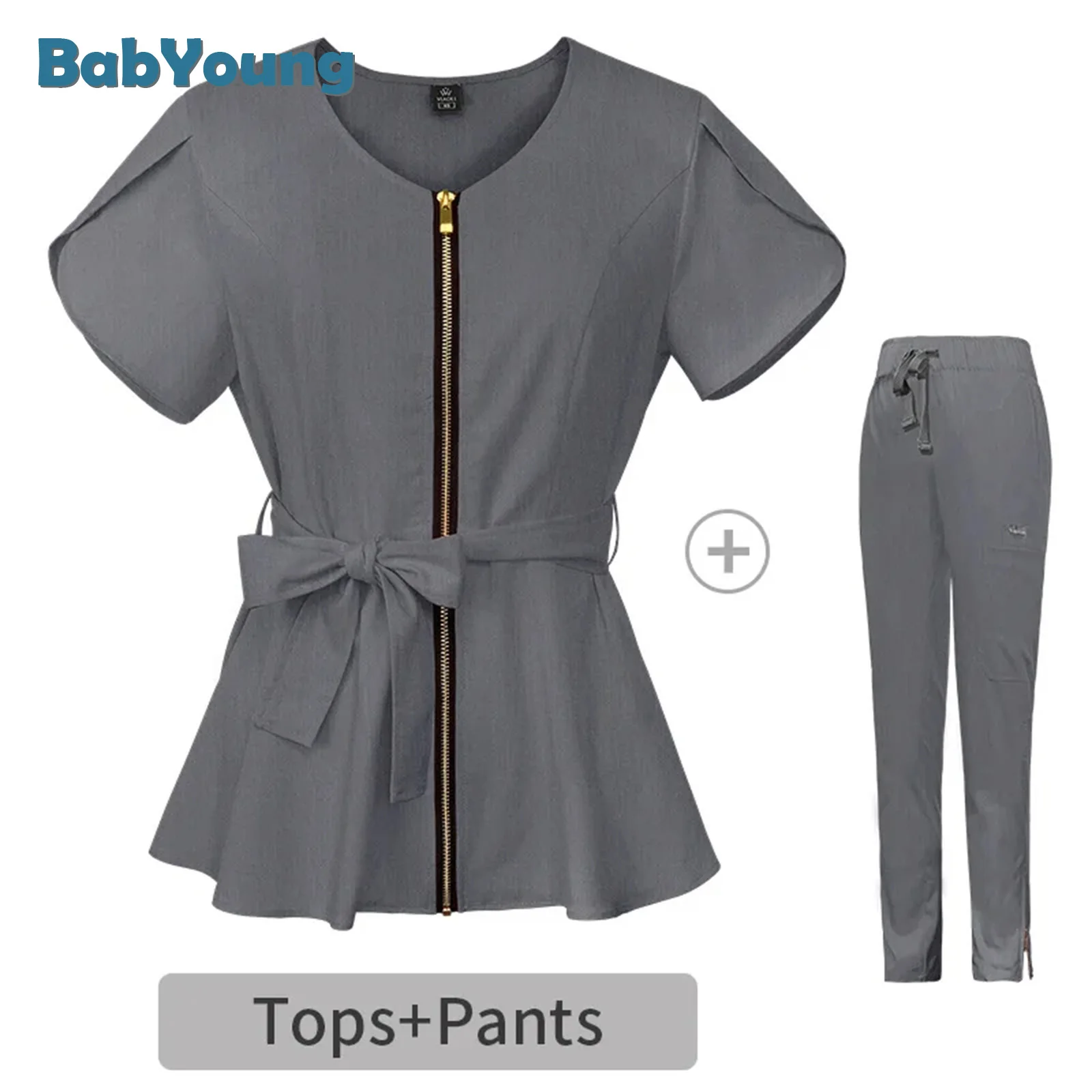 

Plug Size Beautician Tops+pants V Neck Solid Color Women Medical Short Sleeved Spa Uniform Nurse Clothes Doctor Workwear