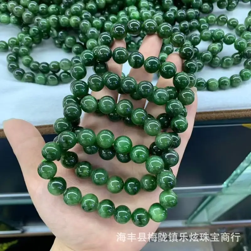 Hetian Jade Round Bead , Spinach Green, 12Mm Single Strand Bracelet With Black Spots