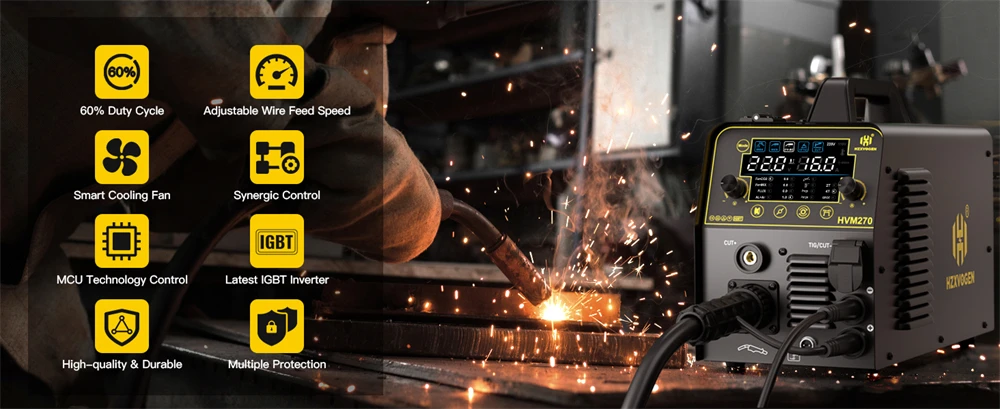 6 in 1 Welding Machine HZXVOGEN HVM270 Gas MIG Gasless MIG HF TIG MMA Plasma Cut Digital LED Screen IGBT Inverter 2T/4T