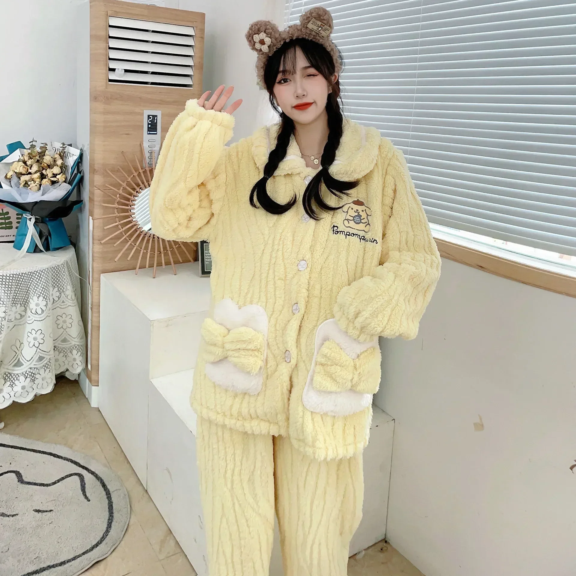 Kawaii Pompompurin Plush Fluffy Pajamas Set for Girls Women Sanrio Cinnamoroll Long-sleeved Shirt with Pants My Melody Sleepwear