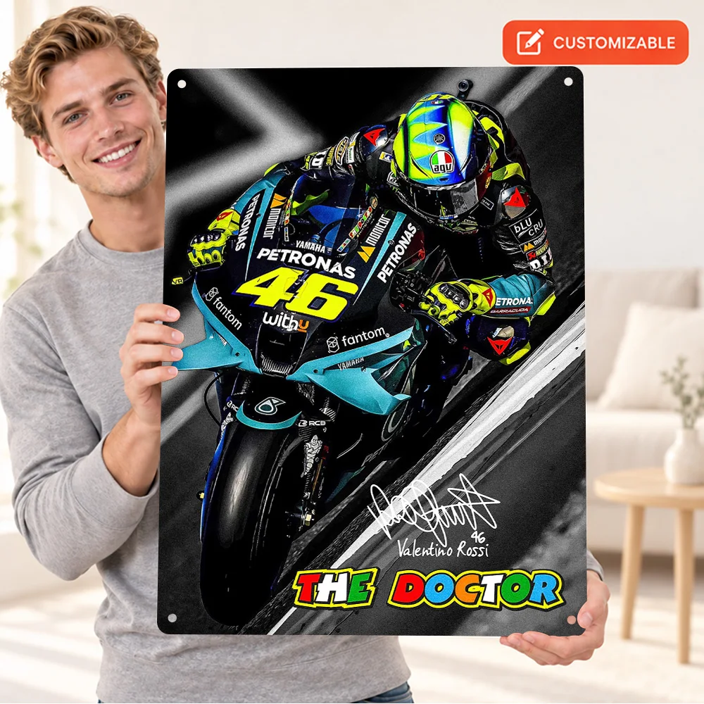 Valentino Rossi Motorcycle Racing Textured Metal Poster Personalized Aluminum Sign Selective Color Photo Wall Art For Game Room