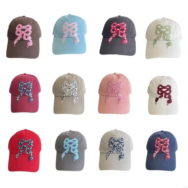 

L5YA Bowknot Embroidery Snake Pattern Baseball Caps Cotton Sunhat Caps for Ladies Adjustable and Perfect for Daily Outfits
