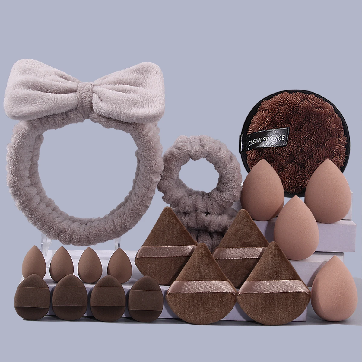 Juego de herramientas de maquillaje y limpieza facial profesional de 20 piezas, incluida esponja en polvo, banda para el cabello, muñequera y esponja para lavado de cara