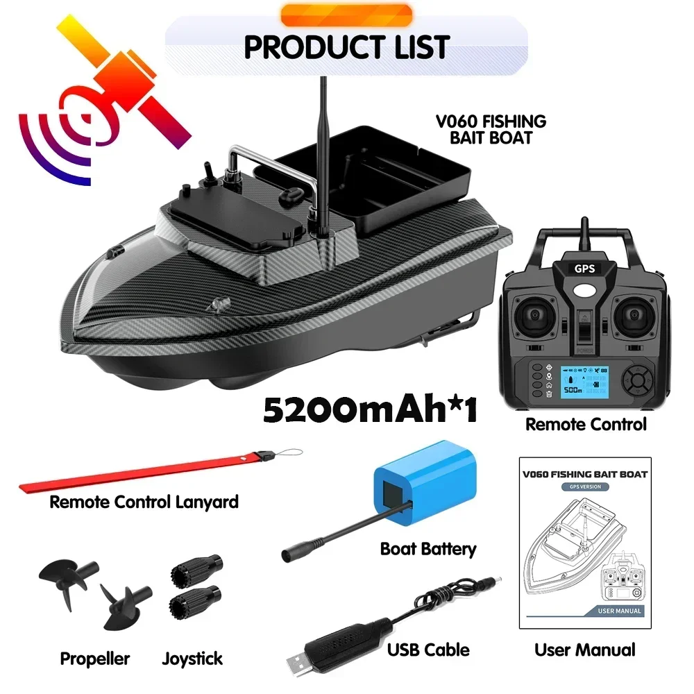 Garbenat Bateau d'appât RC - 500 m - En ABS - Avec télécommande - Avec GPS - 3 boîtes à appâts - Avec projecteur de recherche et batterie de 12 000 mAh - Noir