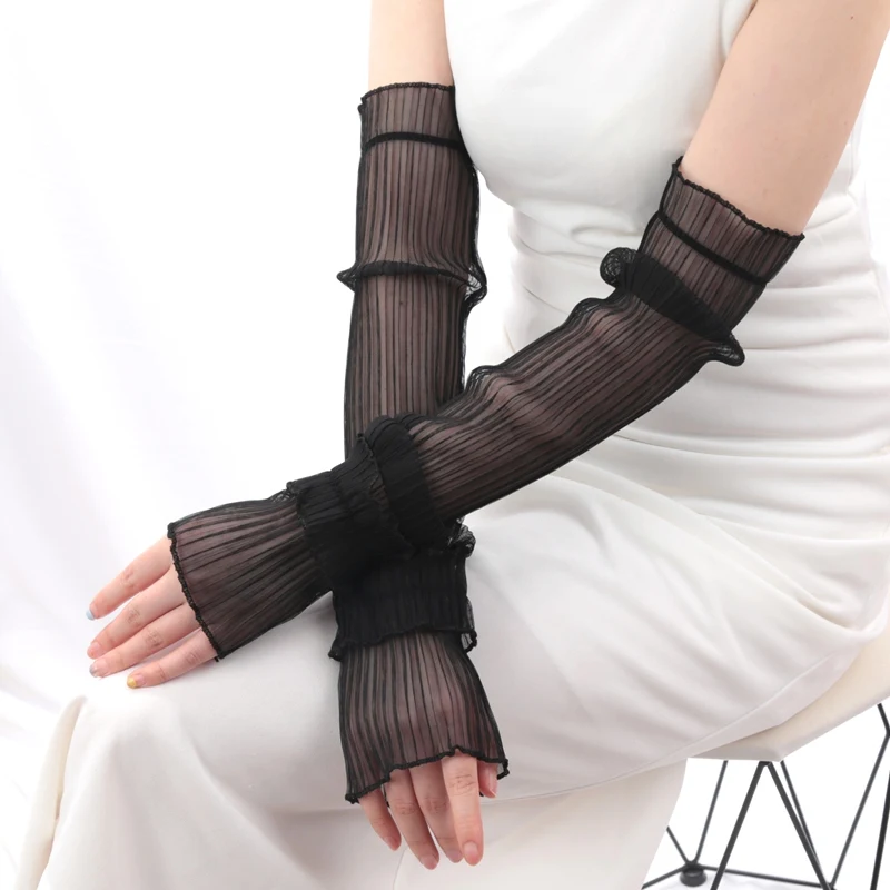 1 Pair Ice Silk Long Sleeves Sun-protective Arm Cover Women Cuff Cool Hand Sleeves Anti-UV Cycling Driving Fingerless Gloves