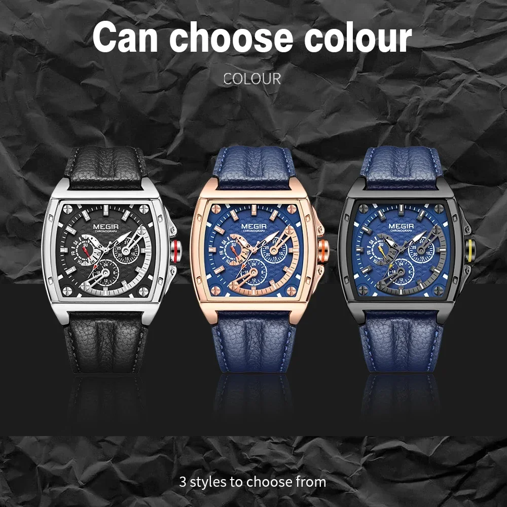 MEGIR Luxury Watch For Men Quartz Sport Waterproof Chronograph Man Watches Military Fashion Leather Strap Wristwatch Male Clock image 6