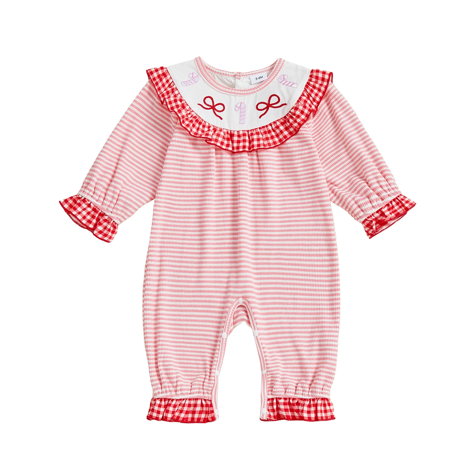 

Рождественские комбинезоны для маленьких девочек, пышный комбинезон с длинными рукавами и круглым вырезом, полосатый комбинезон с бантом и вышивкой