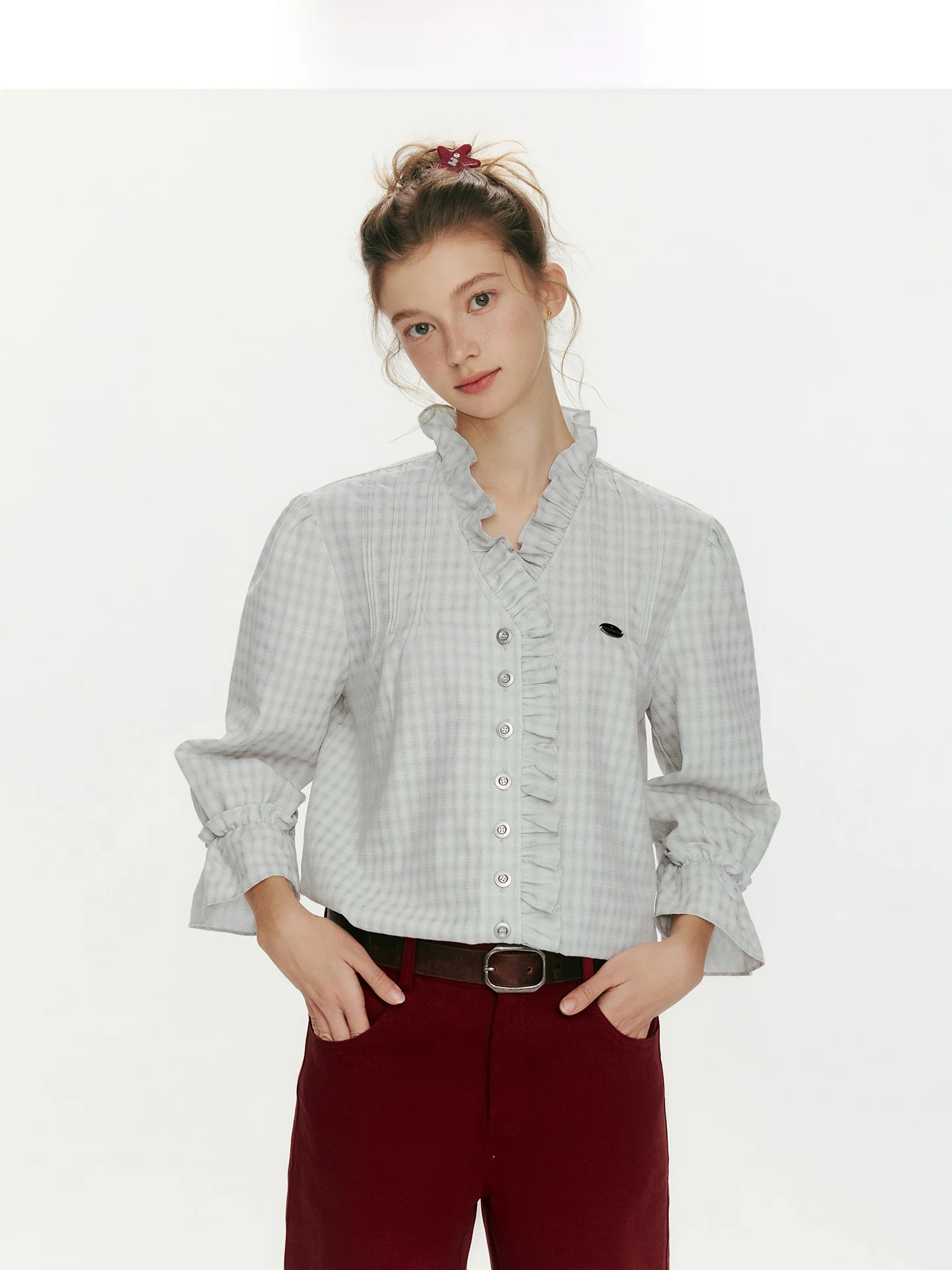 

Loose WhyBerry Women's irt with Wood ain Ruffle V-ne Bubble Sve Cheered Bell Bot Vintage Sle Cotton Blend