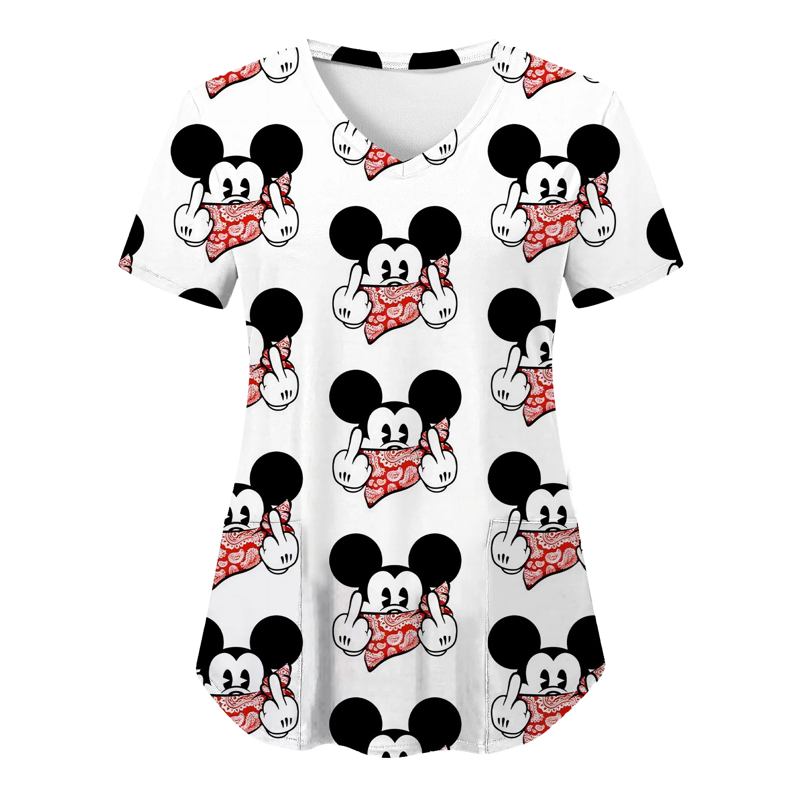 T-shirt Minnie Mouse avec poche pour femme, haut à col en V Y, uniforme d\'infirmière, vêtements d\'hôpital Disney, été, 2023