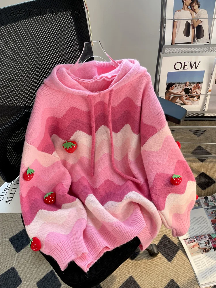 

Весна и осень 2024, новый розовый и белый волнистый свободный повседневный мягкий повседневный вязаный свитер с капюшоном