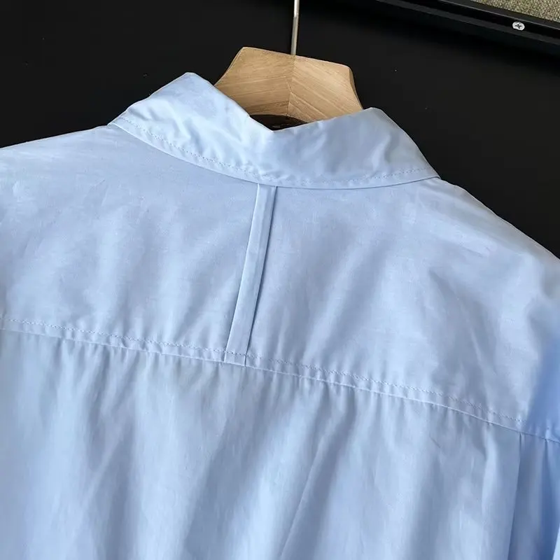 Withered British Fashion Women's Casual Shirt Autumn Retro Boyfriend Wind Cotton Large Pocket Loose Blue Shirt Women