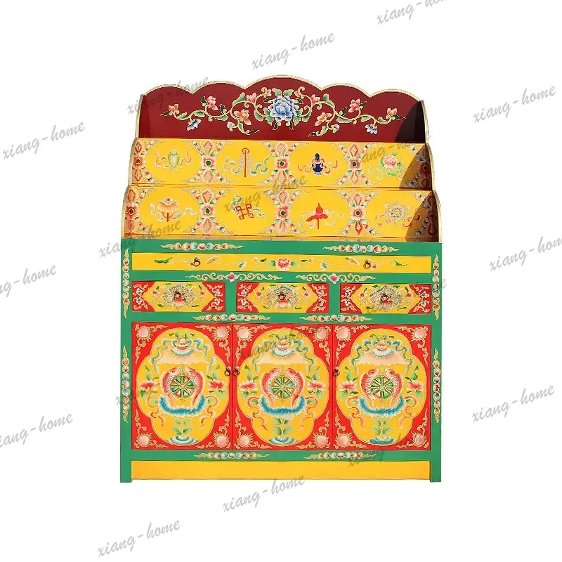 FG  tibetan-style painted three-tiered buddha shrine table, offering cabinet, altar, home buddhist hall, solid wood