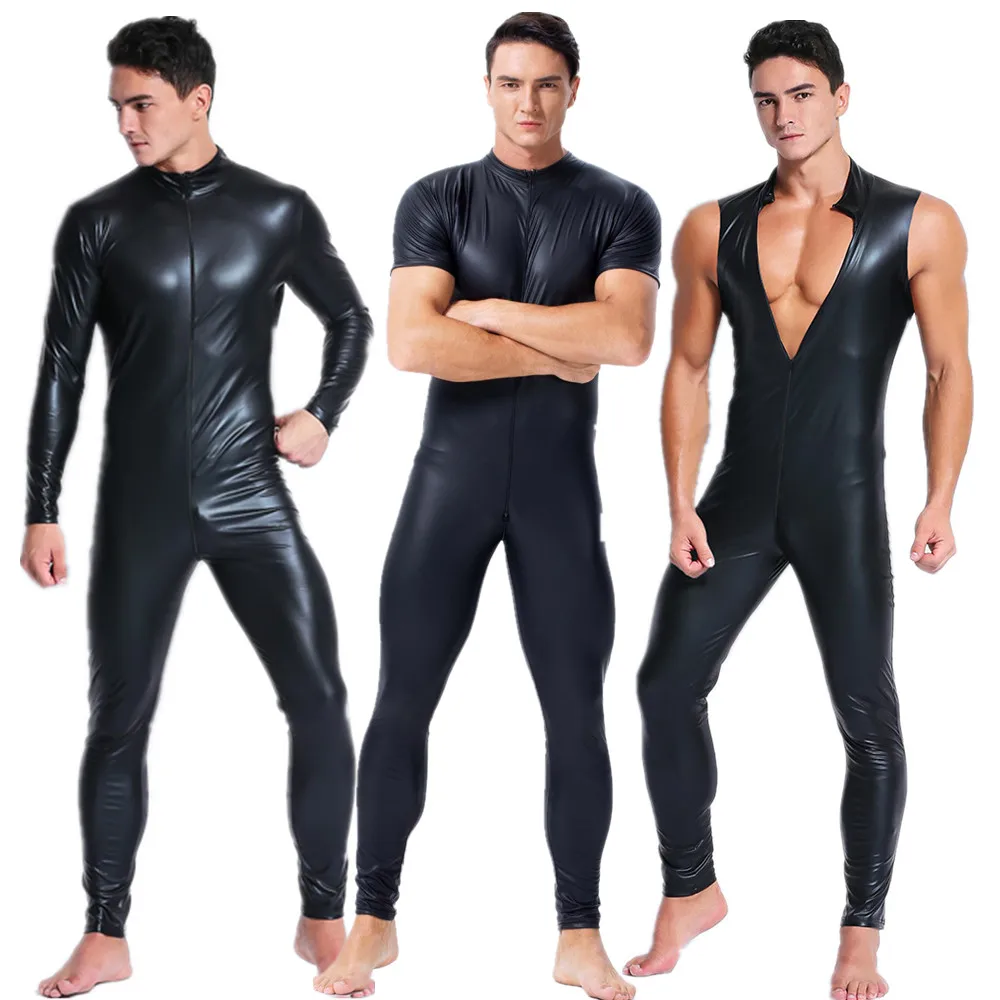 Sexy Mannen Glanzend Pu Faux Lederen Catsuit Jumpsuit Nachtclub Erotische Lingerie Wetlook Latex Zentai Jumpsuit Kostuum