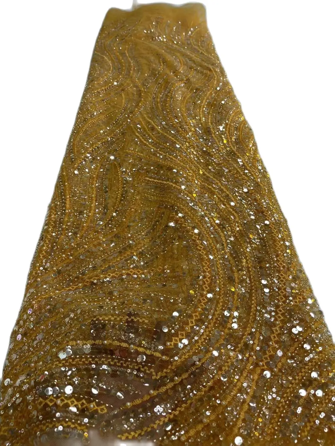 Bright Gold Color Nigerian Sequins Lace Fabric 24JRB-10191 French Beaded Tulle Embroidered Mesh Material for Show or Party Dress