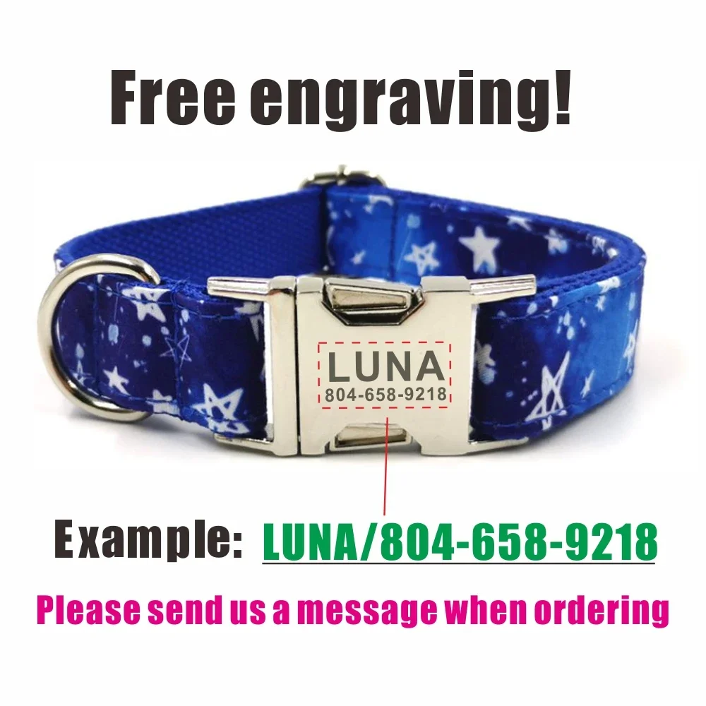 Personalized Stars Pet Collar Custom Puppy Nameplate ID Tag Adjustable Buckle Blue Space Star Basic Collars Leash