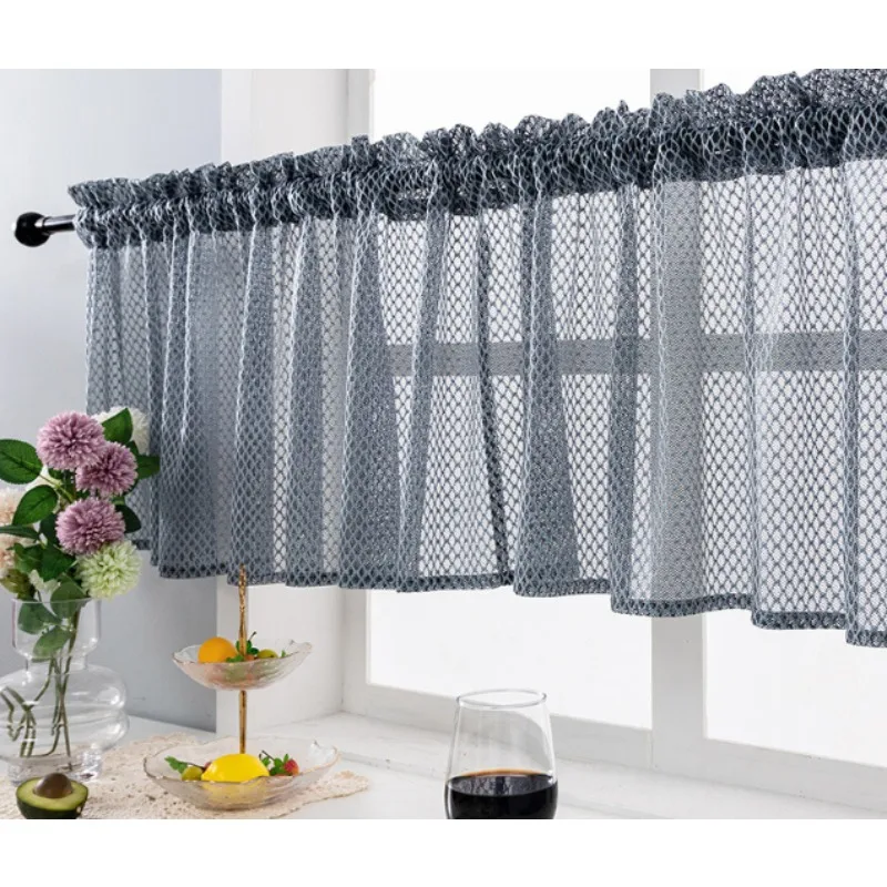 Gray Shade Curtain Solid Color Bright Silk Diamond Kitchen Coffee Curtain Small Fresh Rod Small Curtain Lace Short Curtain