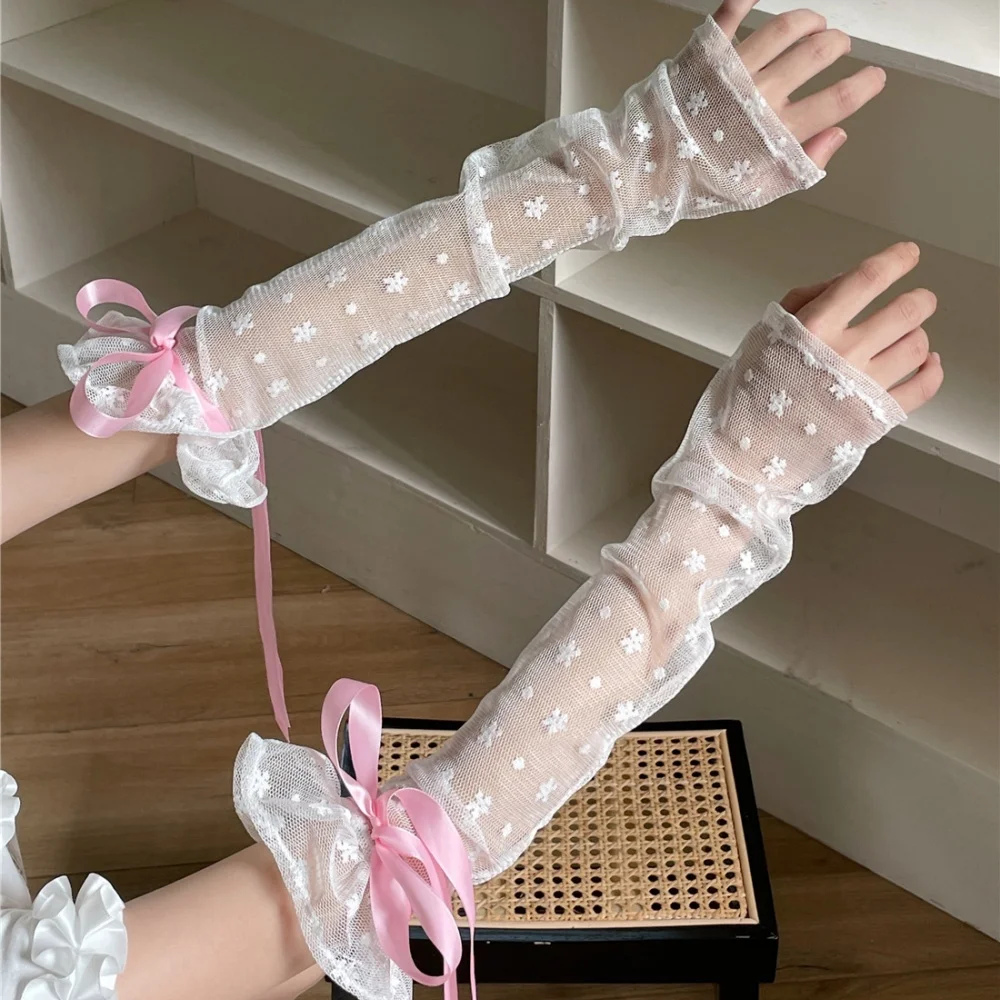Y2K Bow Lolita Lace Fingerless Sleeve Glitter Diamonds Sun Protection Decorative JK Gloves Fingerless Sunscreen False Gloves