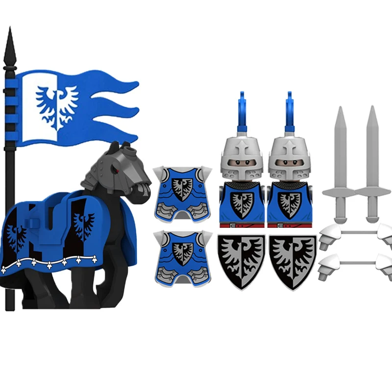 MOC Medieval Castle Raven Black Hawk Knight Figures Building Blocks Infantry War Weapon Soldier Shield Sword Armor Horse Kid Toy