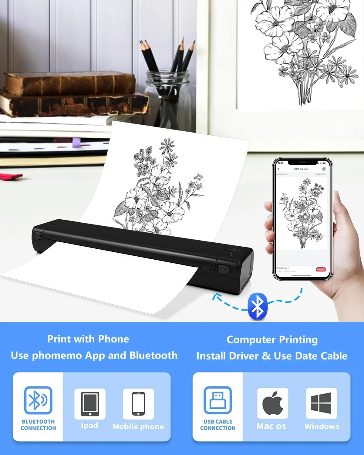 A4 Portable Printers Wireless for Travel Bluetooth Thermal Printer, Suitable for Mobile Office,Support Tattoo Paper Phomemo M08F