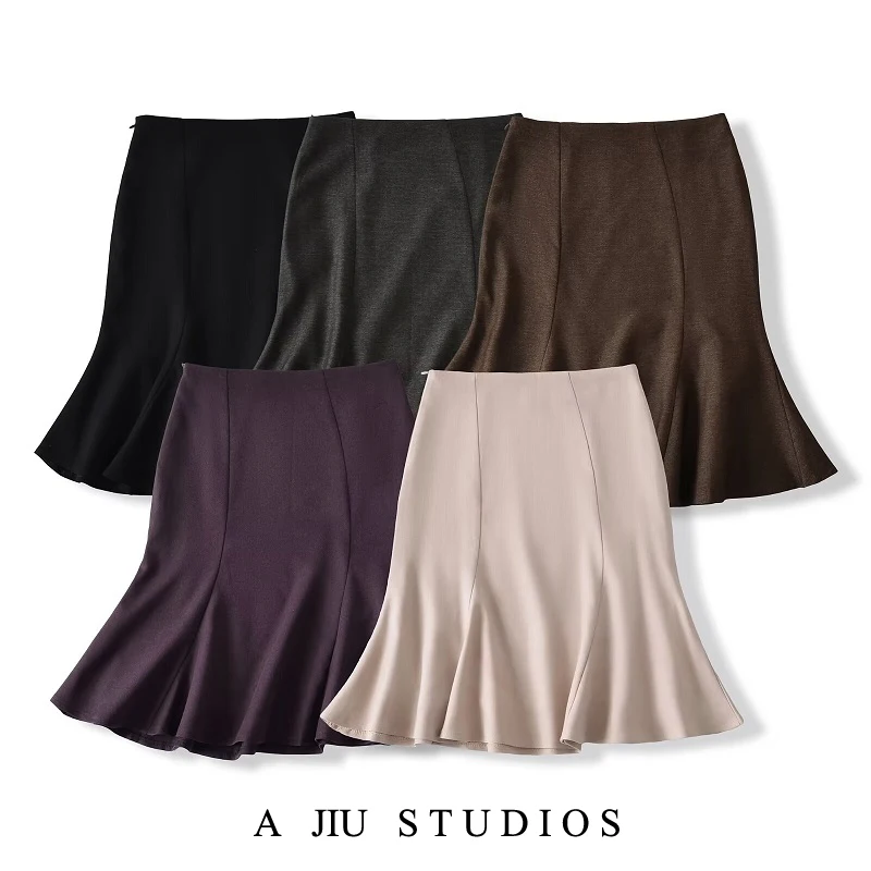 Retro High Waist Asymmetrical Pleated Fi Tail Midi Skirt Women's Early Autumn Design Slimming Deconstructed f Skirt Eleg...