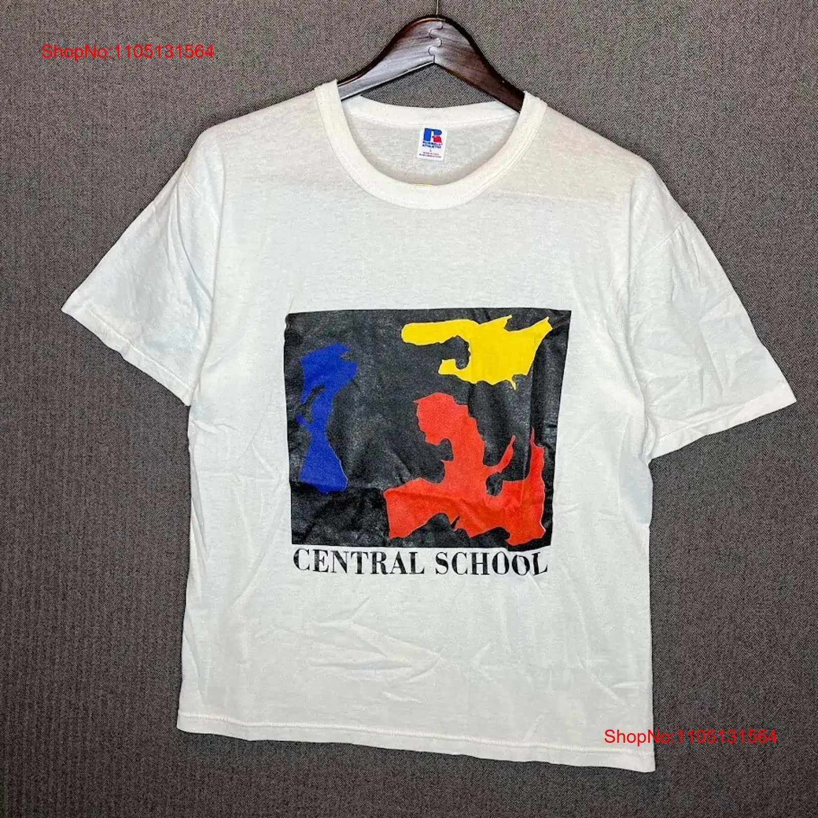 Russell Athletic T Shirt Men's Large White Print Vintage Central School vintage Washed homme streetwear Stylish graphic