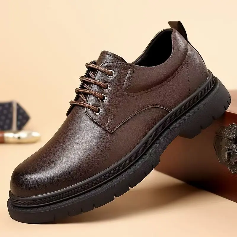 

Man Leather Low Top Lace Up Work Shoes Spring Autumn New Thick Sole Non Slip Waterproof Round Toe Business Casual Leather Shoes