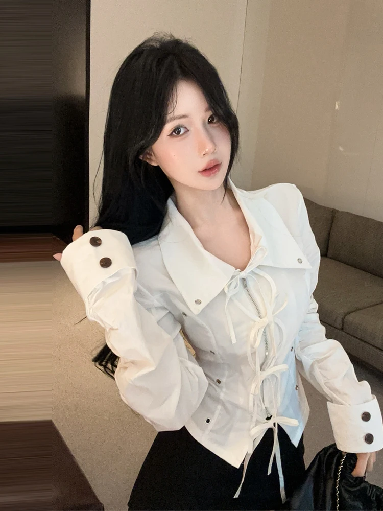 Sexy Retro Long Sleeve Shirt Women's Slim Fit Waist Cinched Tie Belt Zipper Versatile Fashionable  Collar Design Casual S...