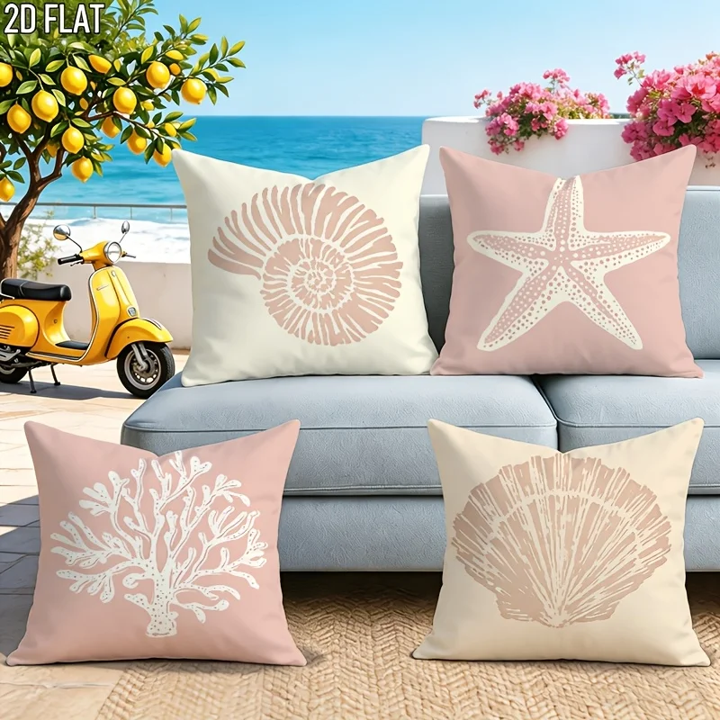 Boho Coastal Ocean Print 4 Pack Decorative Throw Pillow Set Sea Life Seahorse Coral Star Nautical Cushion Covers Polyester Home