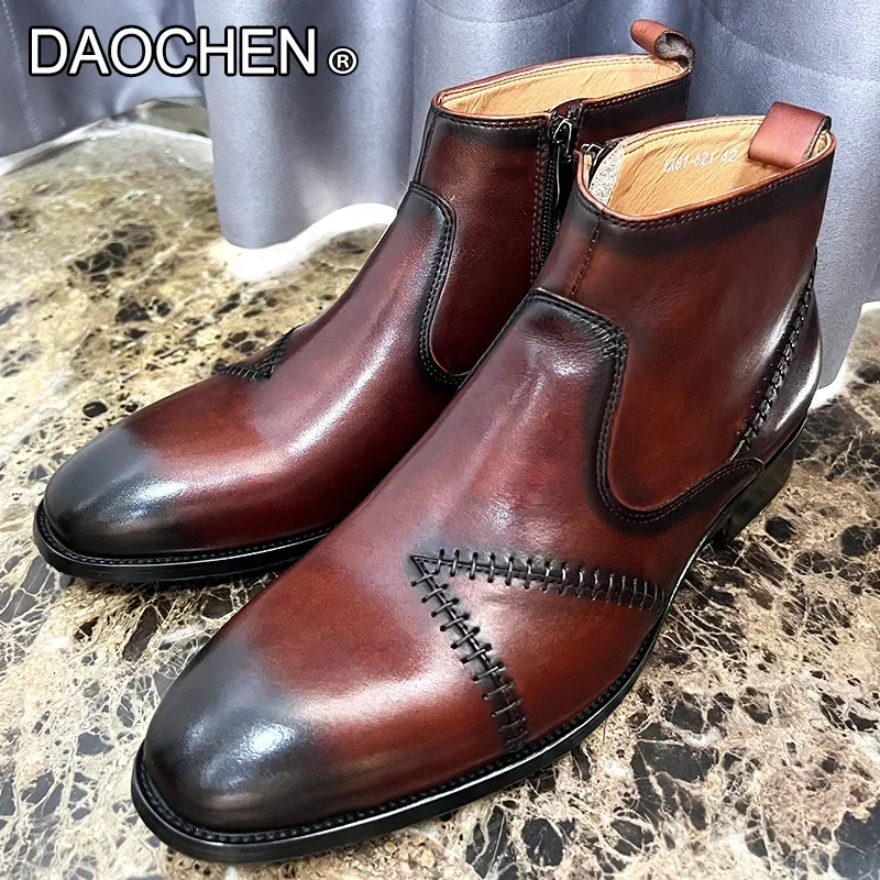 LUXURY MEN ANKLE BOOTS BROWN MENS GENUINE LEATHER SHOES ZIP CASUAL DRESS MENS SHOES WEDDING PARTY BANQUET BOOTS FOR MEN