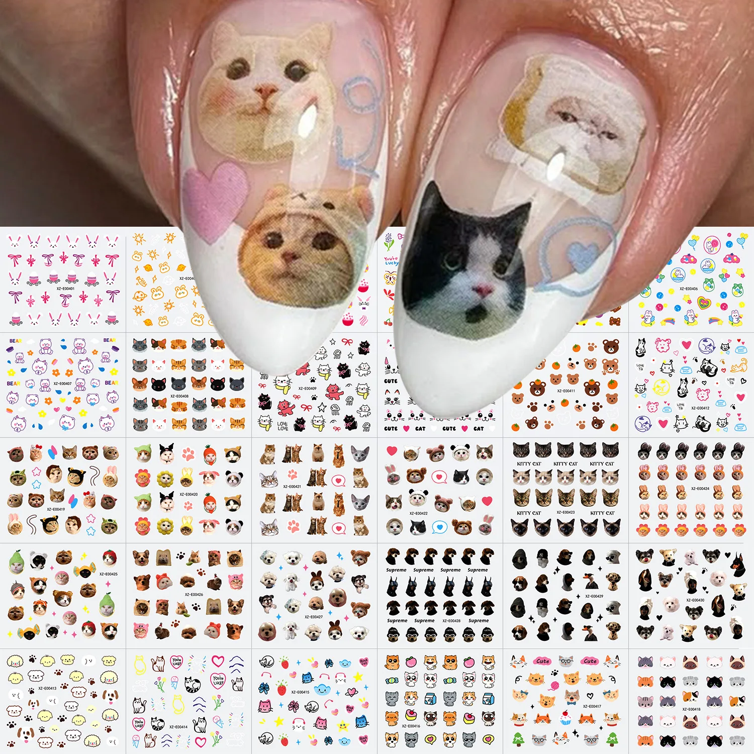 30 Stück Niedliche Hunde Katzen Tier Hasen 3D Cartoon Relief Selbstklebende Nagelkunst-Aufkleber Süße Welpen Kätzchen Stern Maniküre – Detail 1