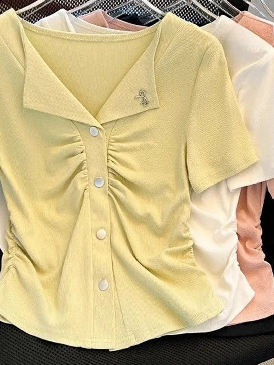 Camiseta Feminina de Verão com Gola Dobrada, Ajuste Slim, Comprimento Médio, Estilo Coreano, Top V-ne