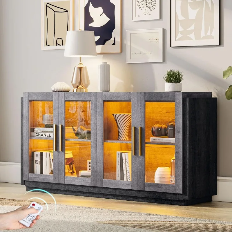 Sideboard Buffet Cabinet with LED Lights, Mixed Color Accent Glass Doors and Adjustable Shelf, Hallway Storage Console Table