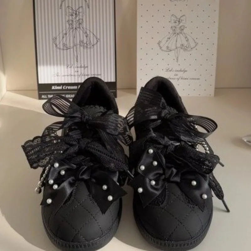 Fashion Sweet Lolita Flat Sneakers, Pearl Bow Lace Decor Quilted Upper Round‑Toe Lace‑Up Cute Gothic Daily Casual Shoes