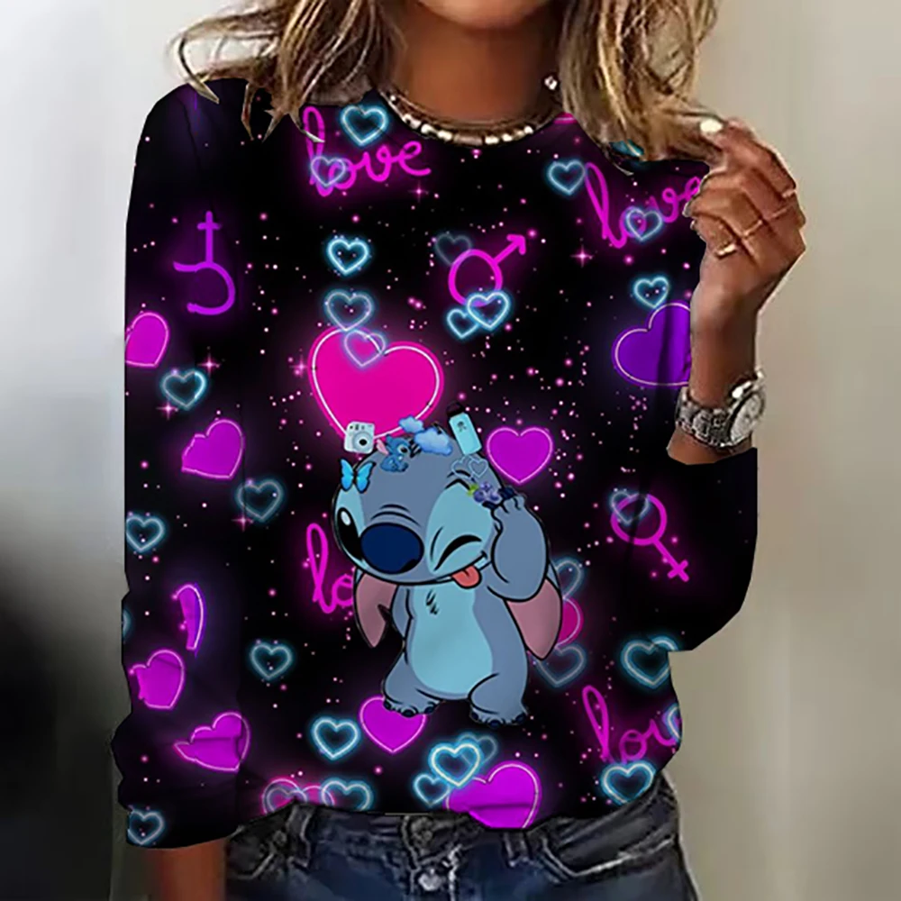 Spring and Autumn Women's Fashion Pocket T-shirt Cartoon Disney's Lilo&Stitch Pattern Top T-shirt Women's Long Sleeve Clothing H