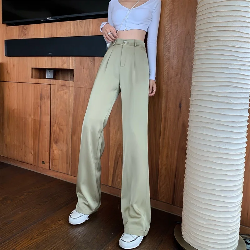 

Ice Silk Satin Vertical Casual Pants 2022 Summer Cool Office Lady Suit Trousers Solid Black Green High Waist Wide Leg Pants