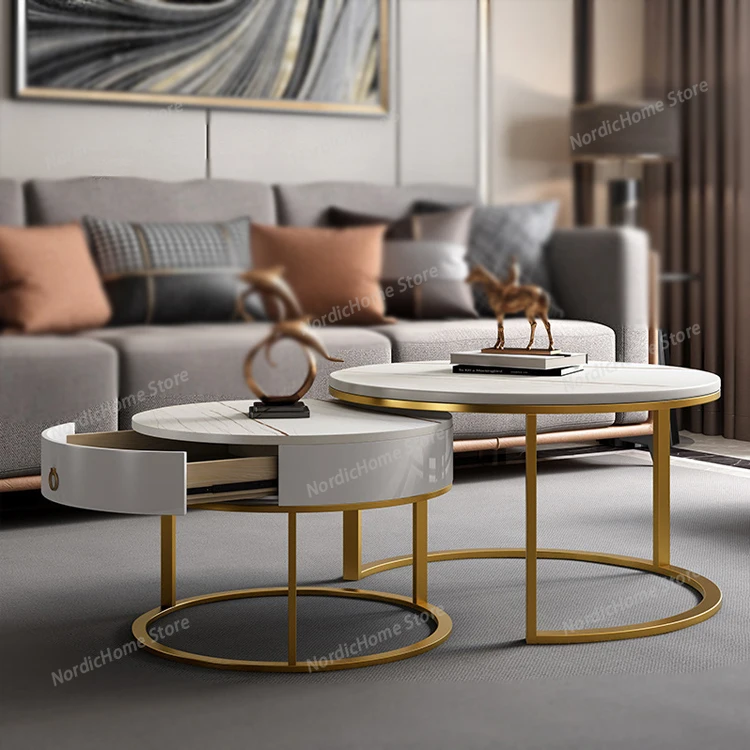 Modern Living Room Furniture Gold Base Black Marble White Stone Two Pieces Round Coffee Table Set