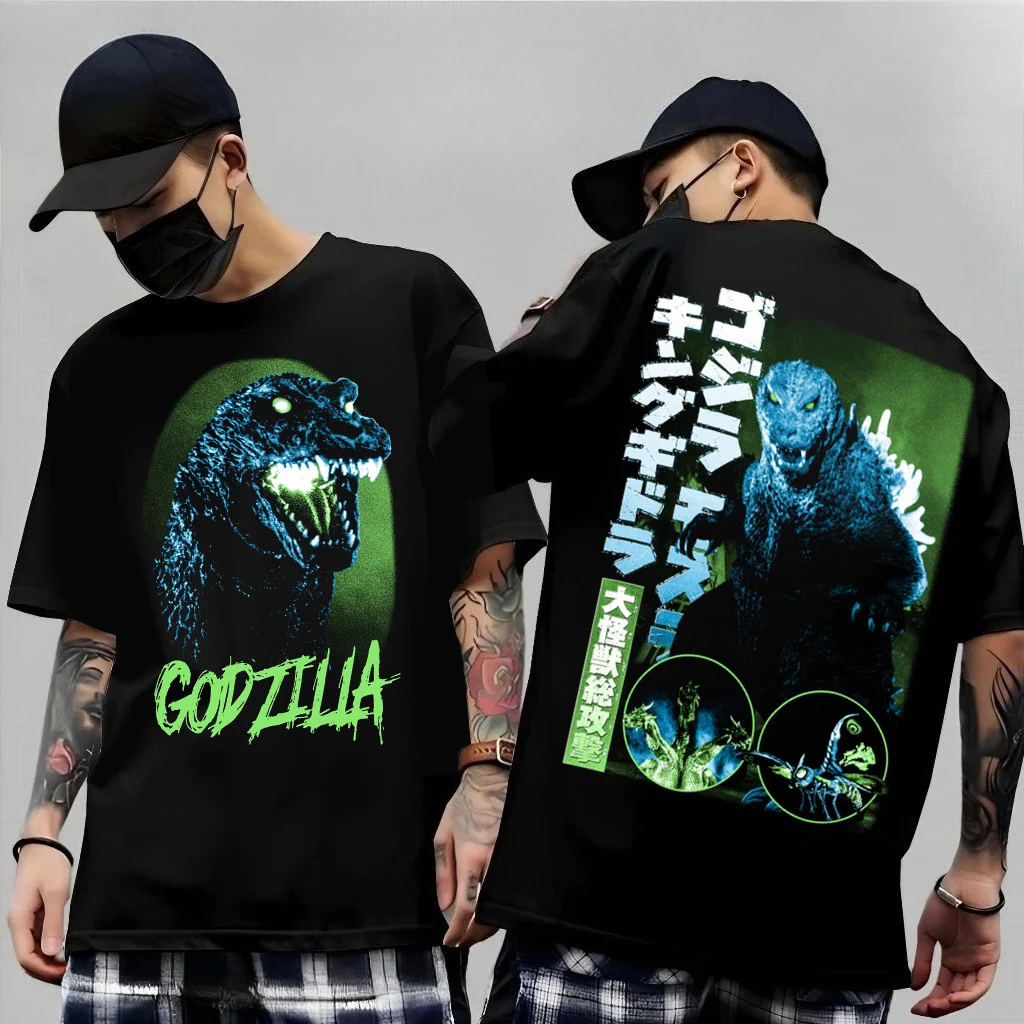 Image of Godzilla Kanji Doppelseitiges Kurzarm-Grafik-T-Shirt für Männer und Frauen, Sommer, Harajuku, Y2K, lässige Streetwear, T-Shirts