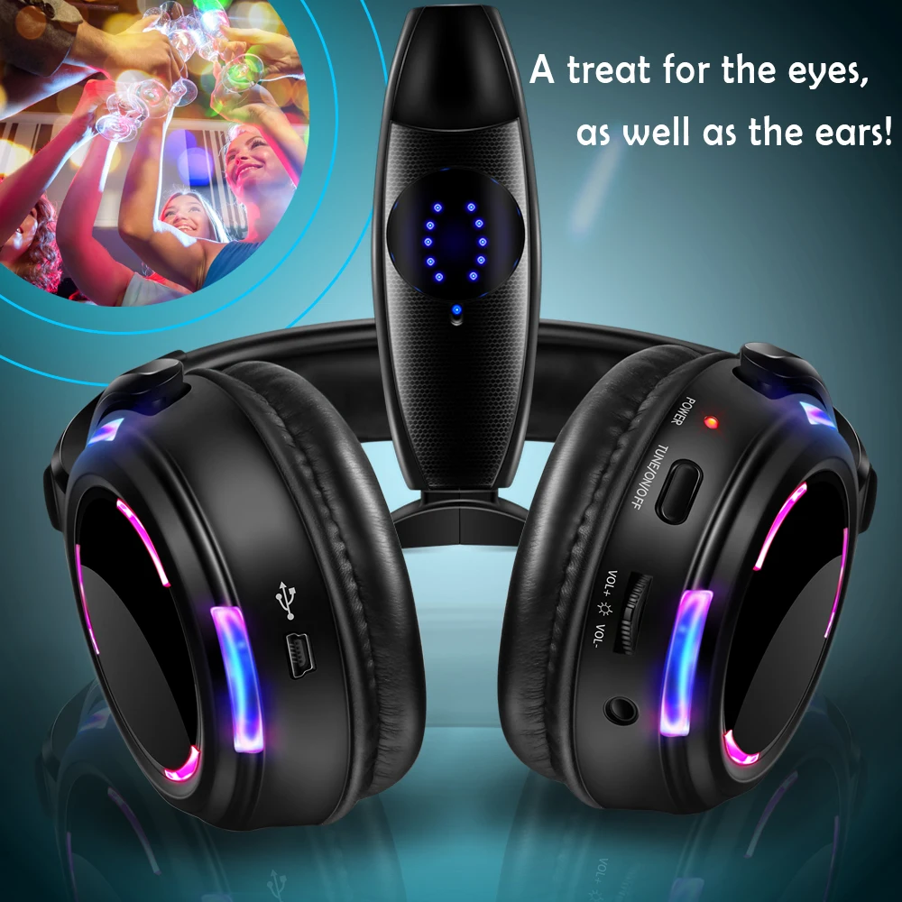 HD Sound Silent Disco Headphones Compete System Led Flashing Light Rechargeable Headphone with 200m Distance Transmitter